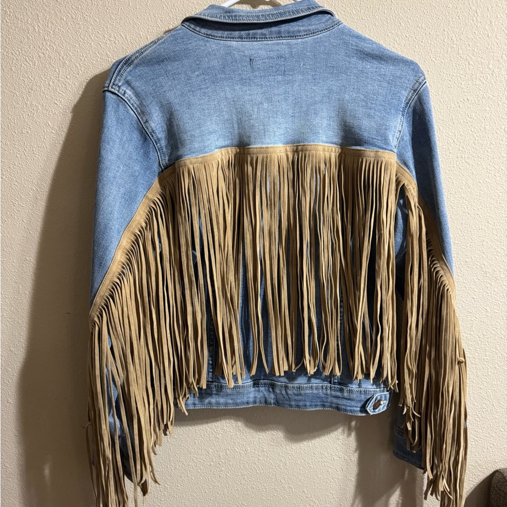 Judy Blue Blue and Tan Jean Jacket with Fringe Detail